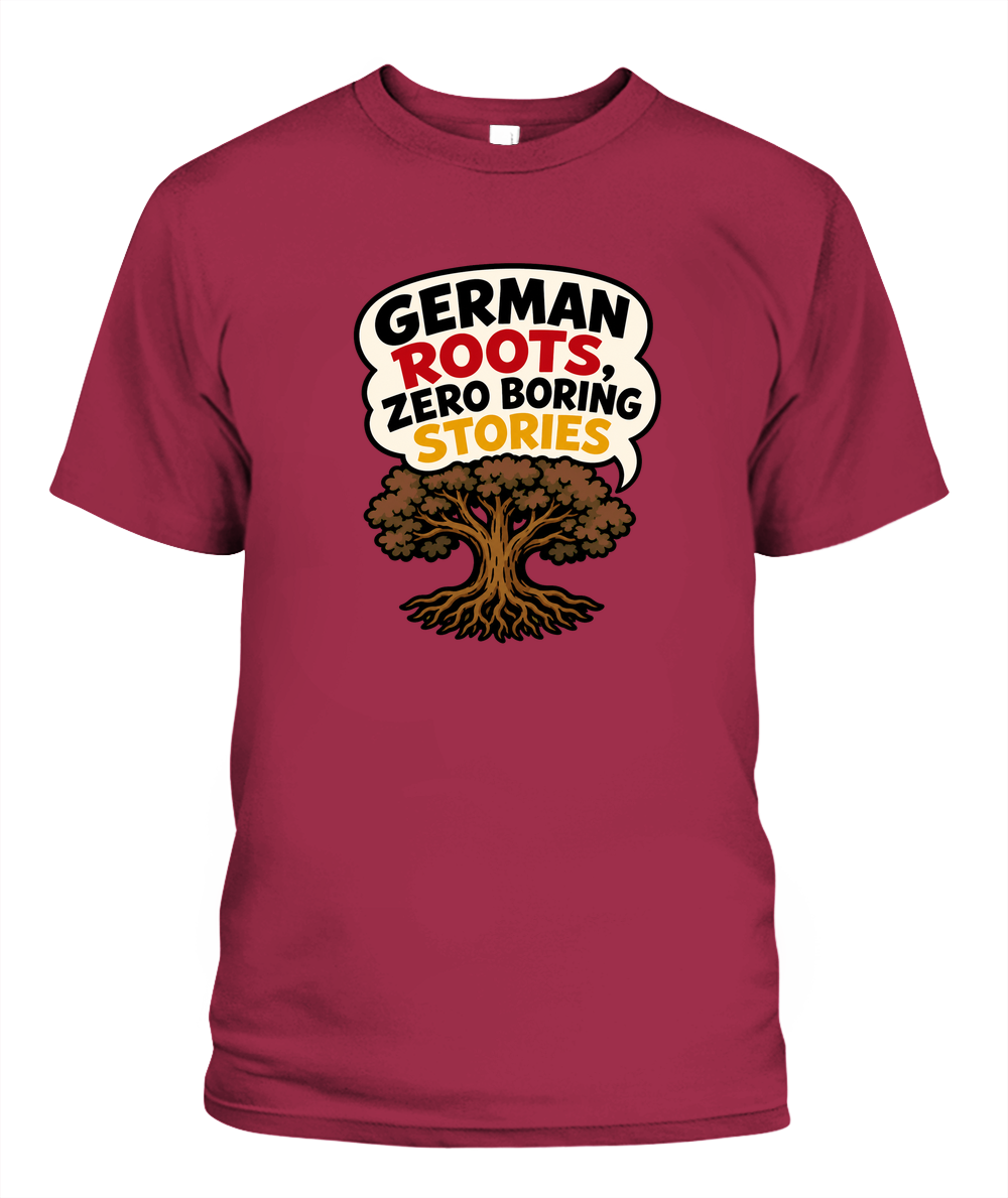 German Roots, Zero Boring Stories — T-Shirt in Crimson