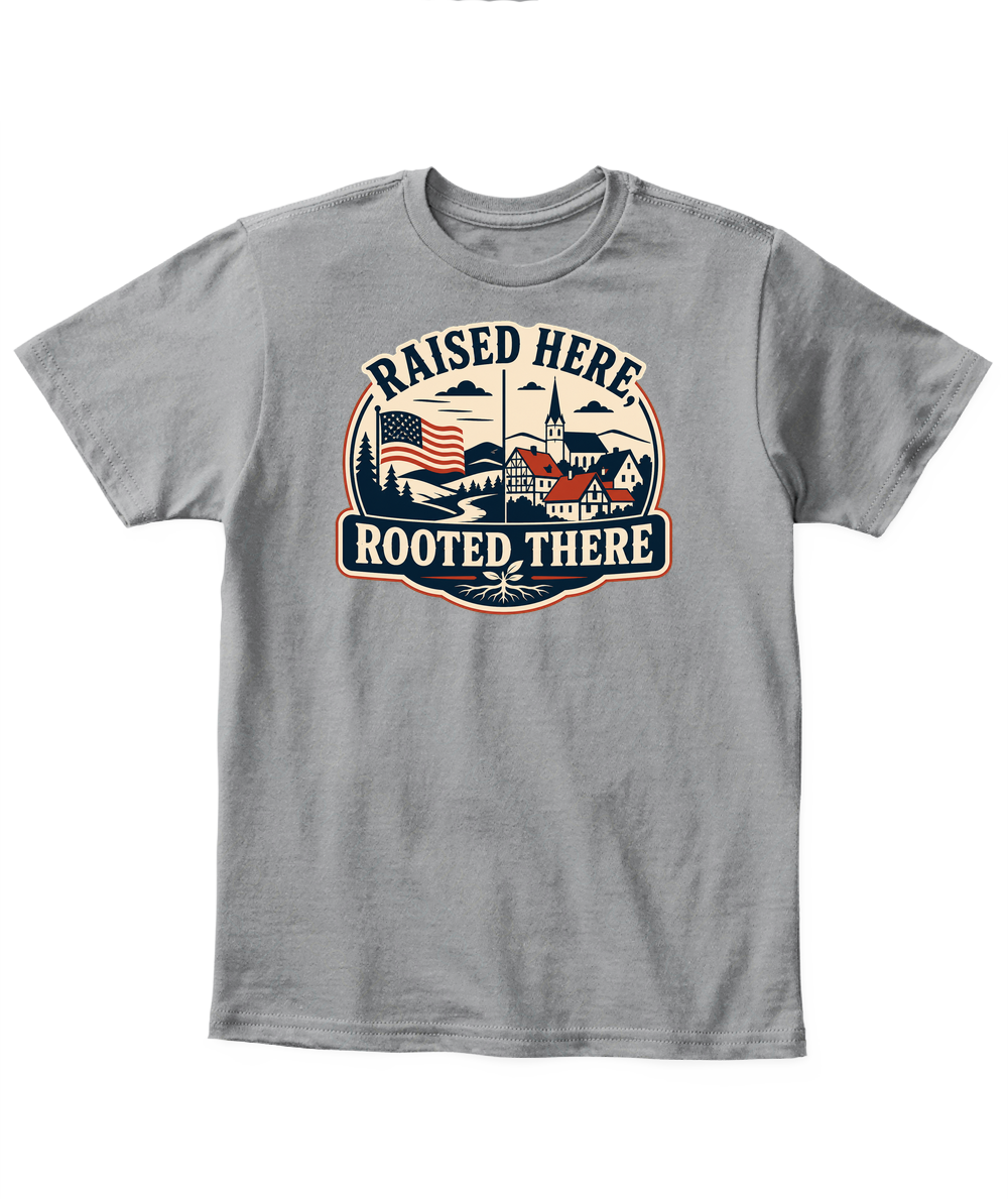 Raised Here, Rooted There — Kid's T Shirt in Sport Grey