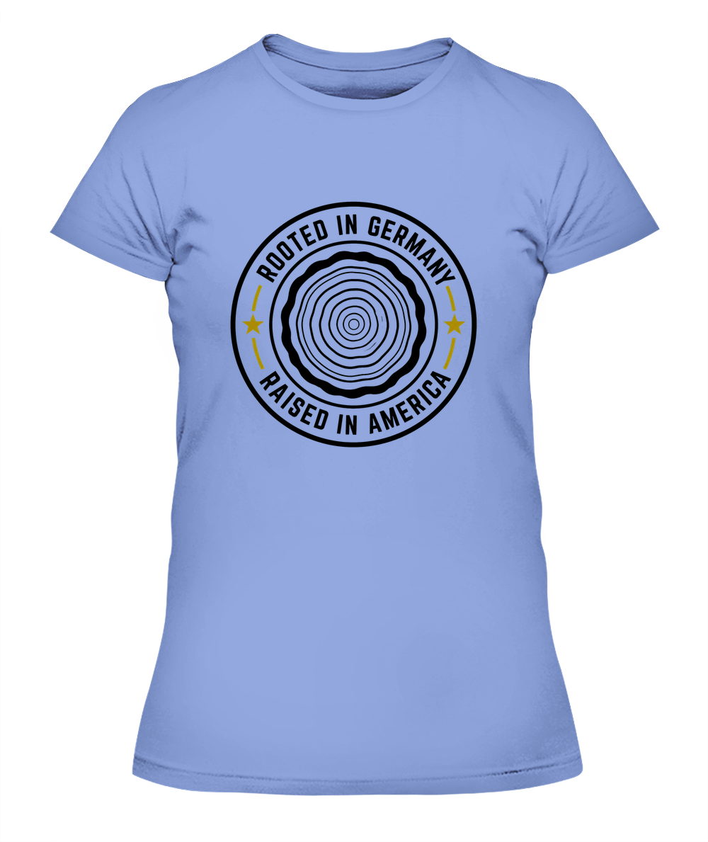 Rooted In Germany, Raised In America — Lady's T-Shirt in Light Blue