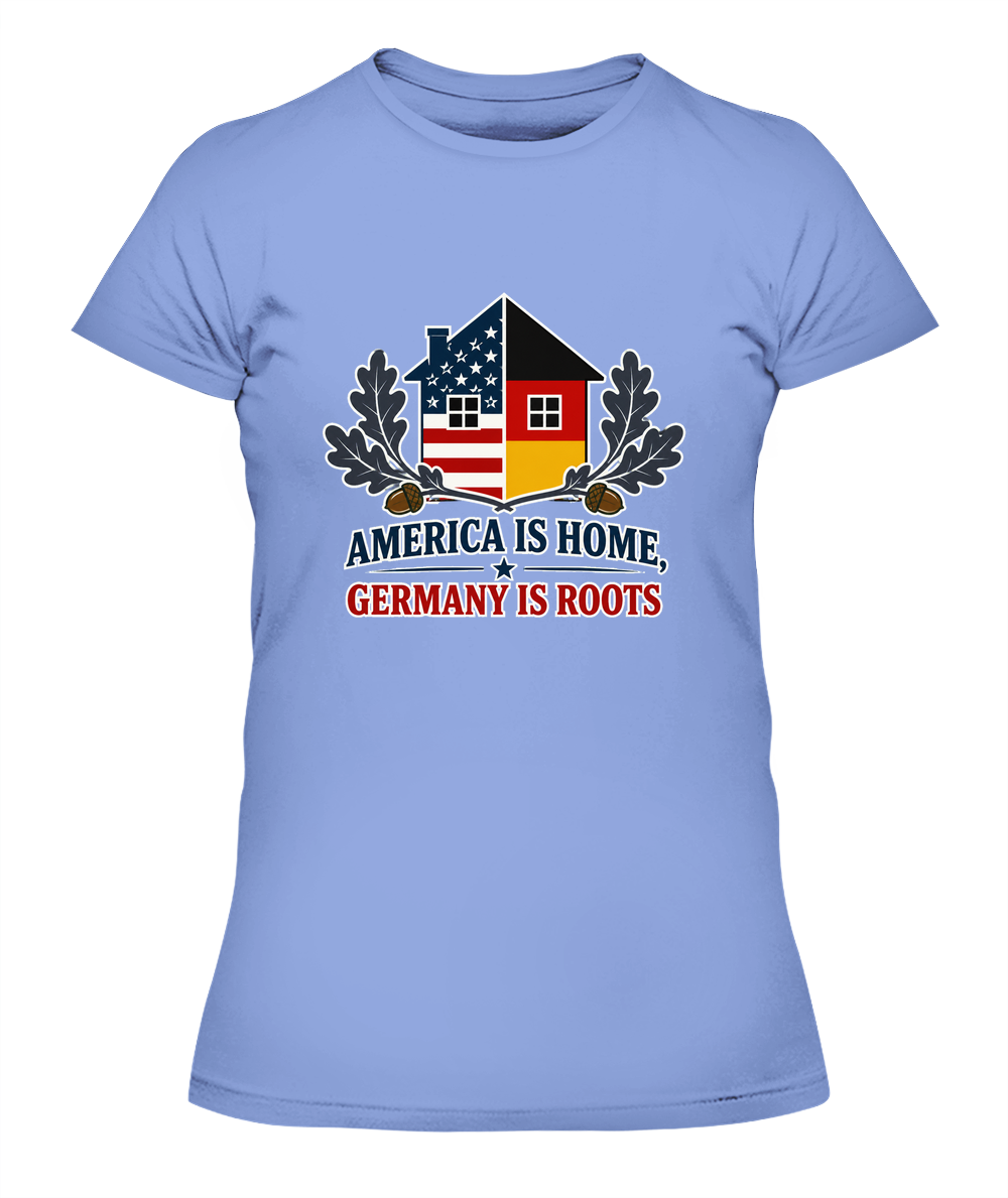 America Is Home, Germany Is Roots — Lady's T-Shirt in Light Blue