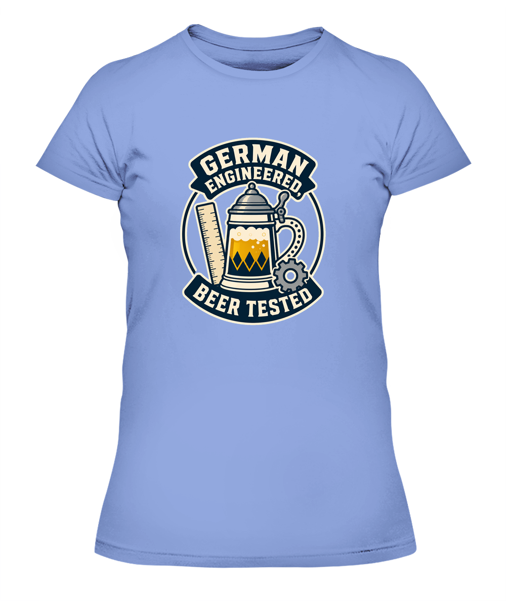German Engineered, Beer Tested — Lady's T-Shirt in Light Blue