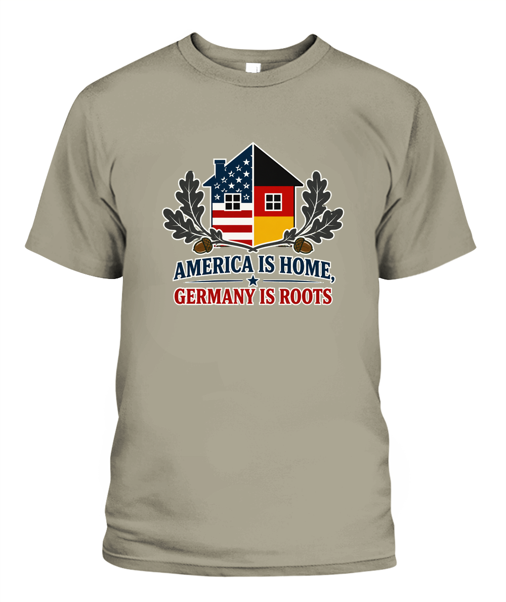America Is Home, Germany Is Roots — T-Shirt in Sandstone