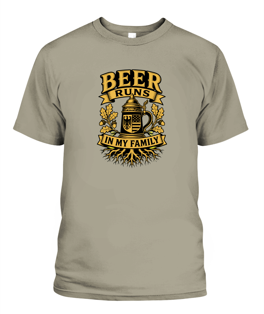 Beer Runs In My Family — T-Shirt in Sandstone
