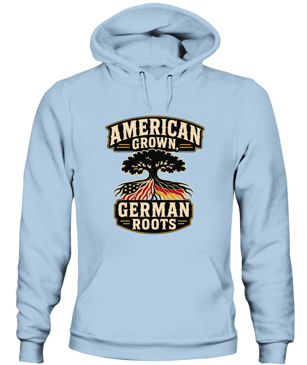 American Grown, German Roots — Hoodie in Light Blue