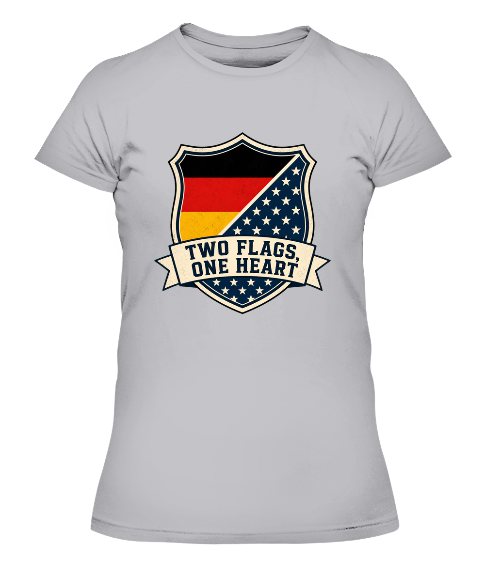 Two Flags, One Heart — Lady's T-Shirt in Heather Grey