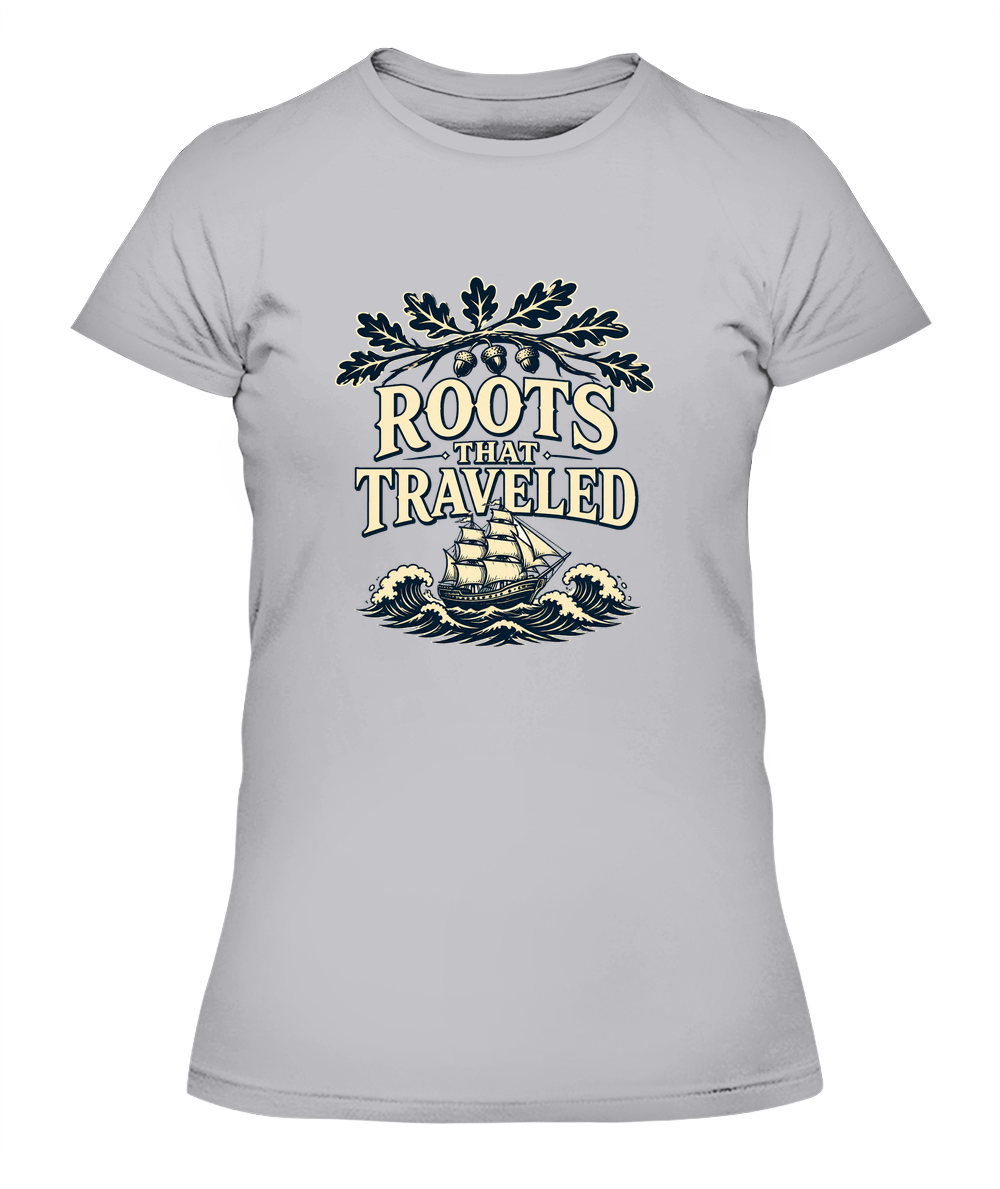 Roots That Traveled — Lady's T-Shirt in Heather Grey