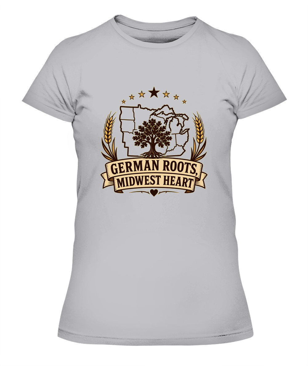 German Roots, Midwest Heart — Lady's T-Shirt in Heather Grey