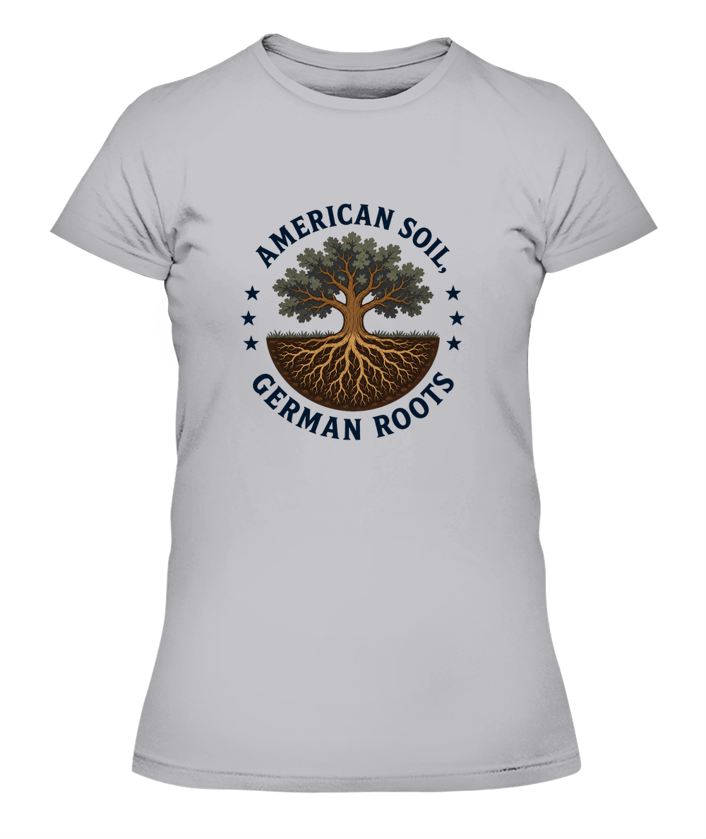 American Soil, German Roots — Lady's T-Shirt in Heather Grey