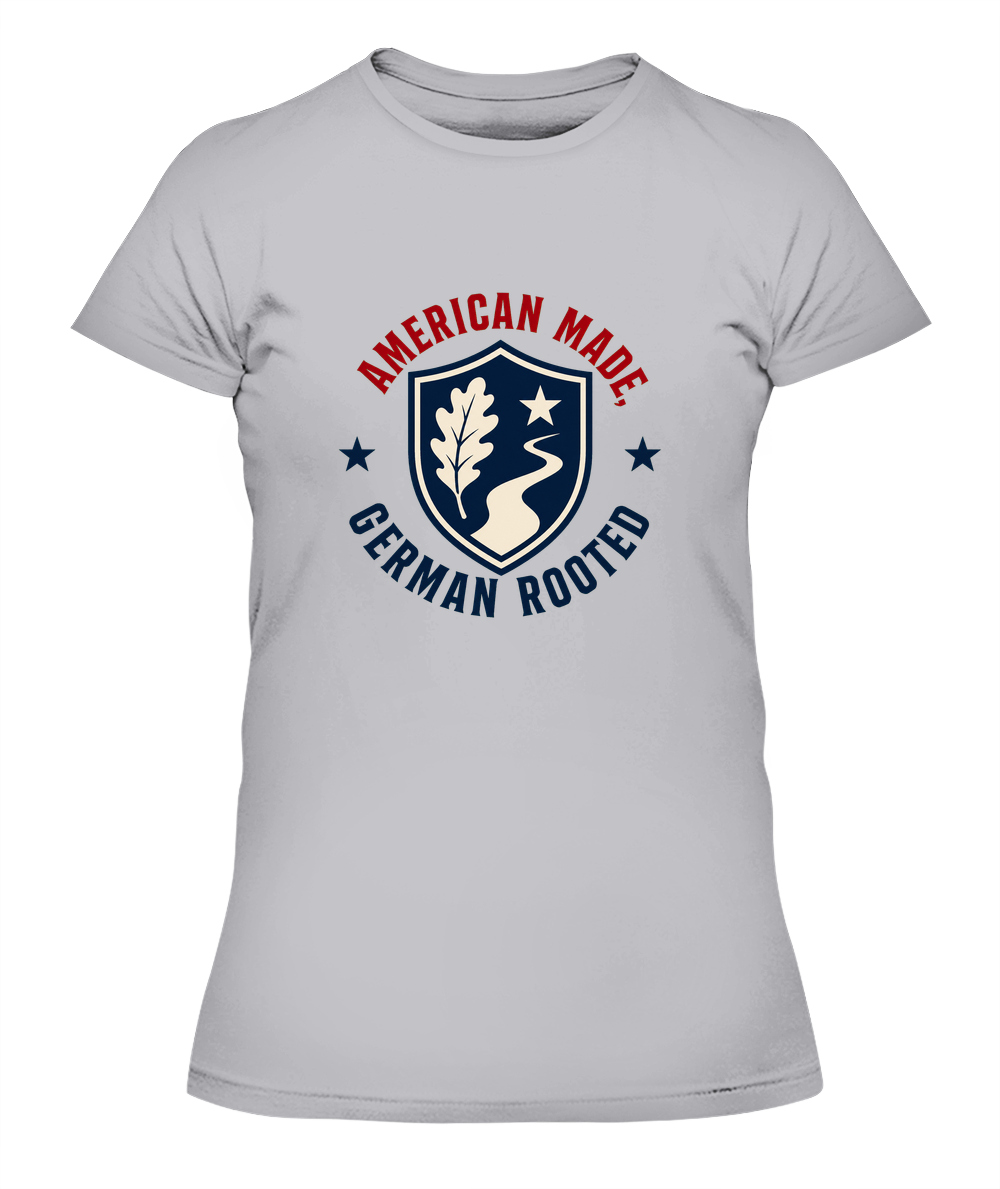 American Made, German Rooted — Lady's T-Shirt in Heather Grey