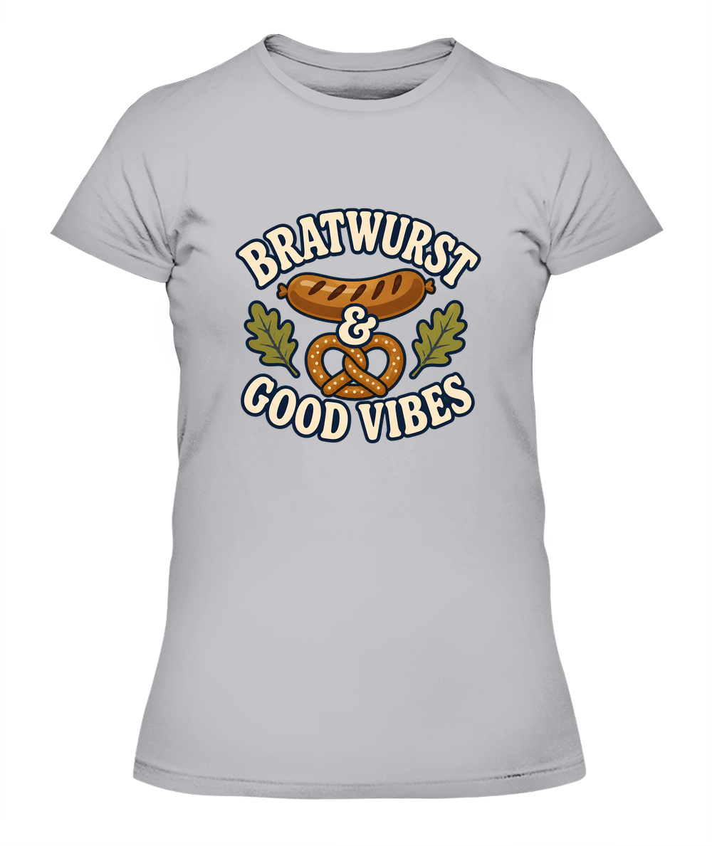 Bratwurst & Good Vibes — Lady's T-Shirt in Heather Grey