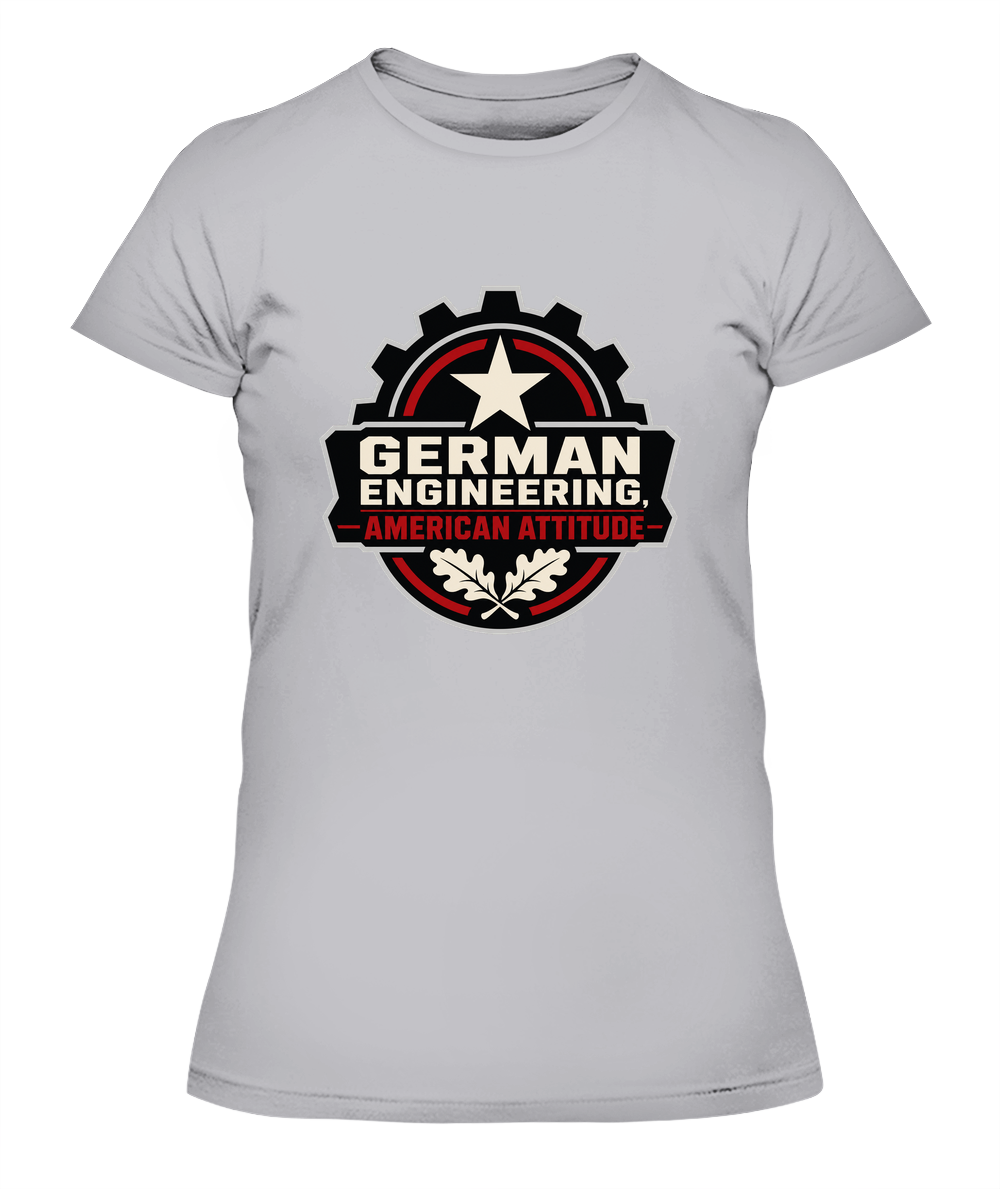 German Engineering, American Attitude — Lady's T-Shirt in Heather Grey