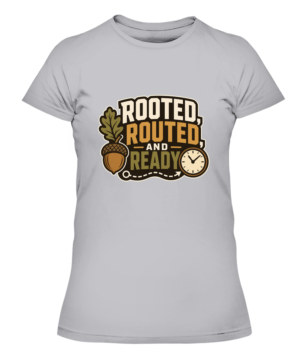 Rooted, Routed, And Ready — Lady's T-Shirt in Heather Grey